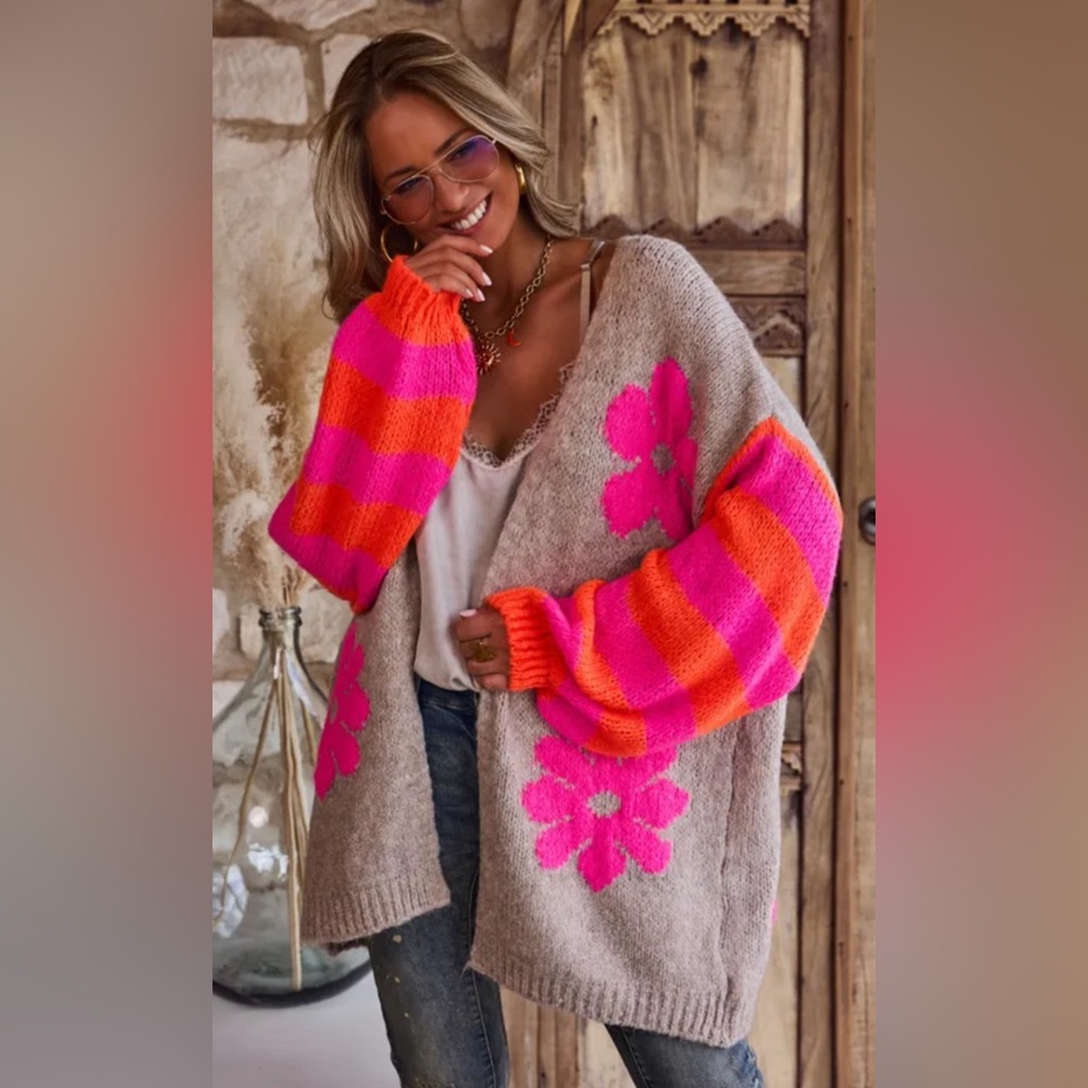 Boutique Rainbow Stripe Knit Cardigan Floral Pattern Cozy Open Front